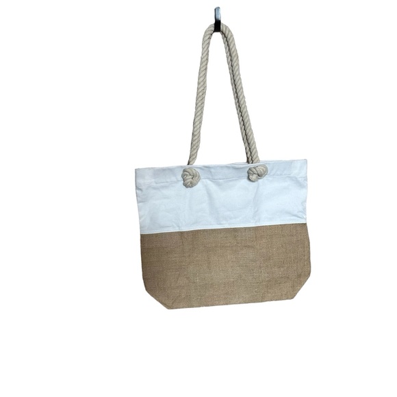 White Canvas And Burlap Tote Bag - Picture 1 of 10